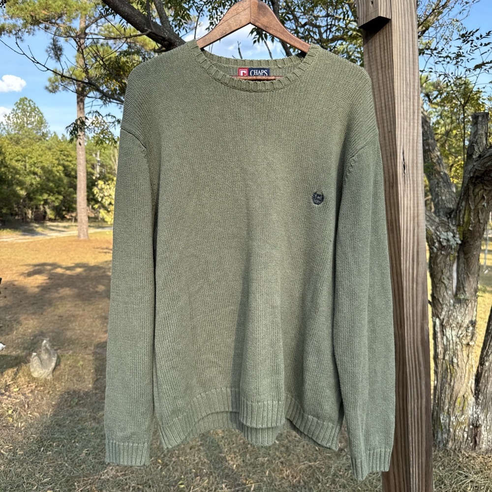 Chaps Pullover Sweater Men's‎ 2XL Green Cable Knit Long Sleeve 100% Cotton Crew
